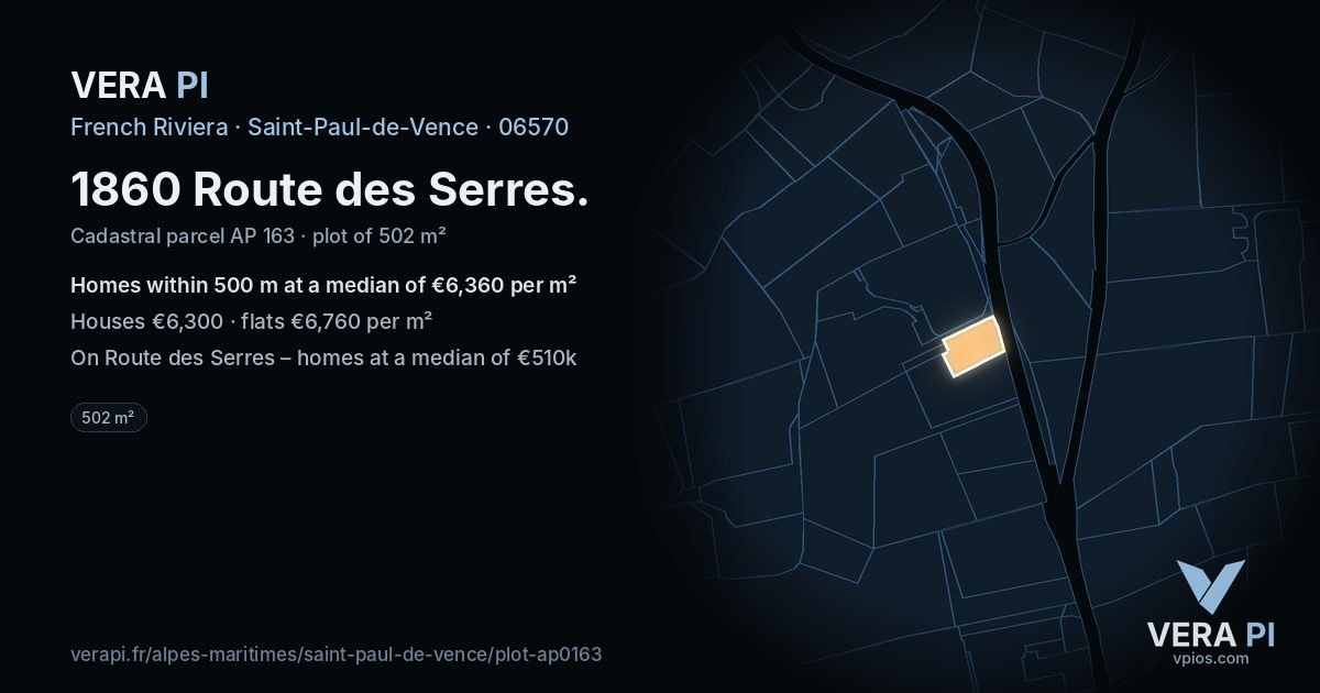 1860 Route des Serres, Saint-Paul-de-Vence at night – the plot lit, the parcels around coloured by the prices near them