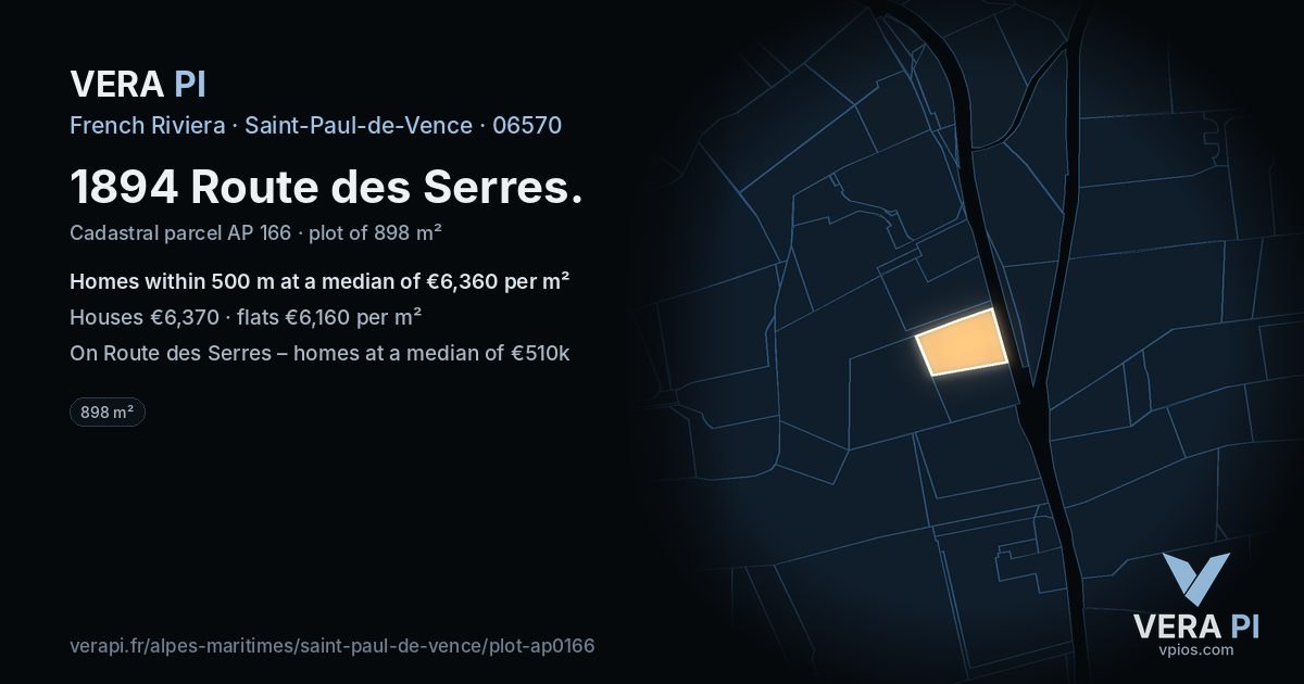 1894 Route des Serres, Saint-Paul-de-Vence at night – the plot lit, the parcels around coloured by the prices near them