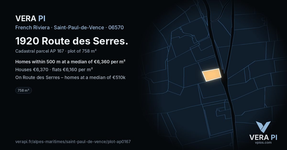 1920 Route des Serres, Saint-Paul-de-Vence at night – the plot lit, the parcels around coloured by the prices near them