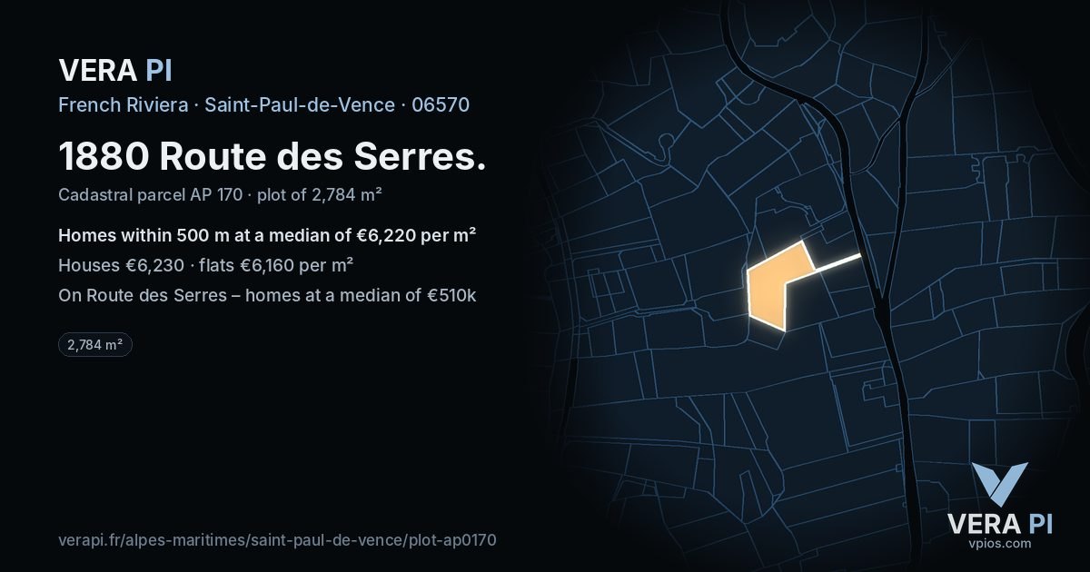 1880 Route des Serres, Saint-Paul-de-Vence at night – the plot lit, the parcels around coloured by the prices near them