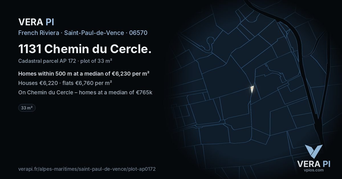 1131 Chemin du Cercle, Saint-Paul-de-Vence at night – the plot lit, the parcels around coloured by the prices near them