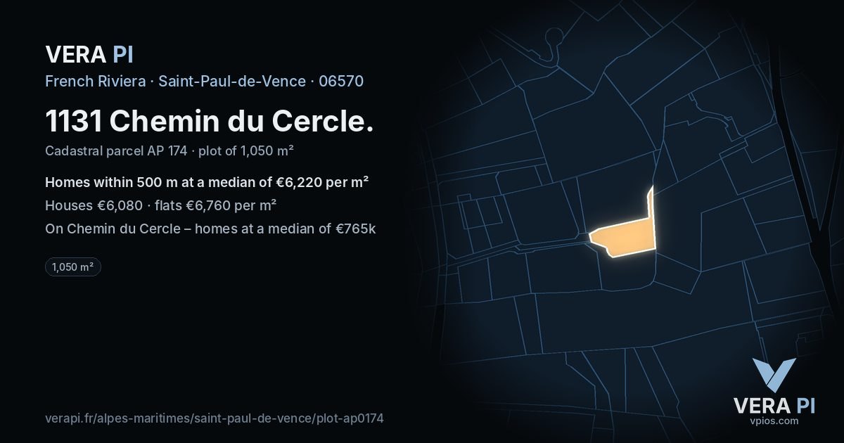 1131 Chemin du Cercle, Saint-Paul-de-Vence at night – the plot lit, the parcels around coloured by the prices near them