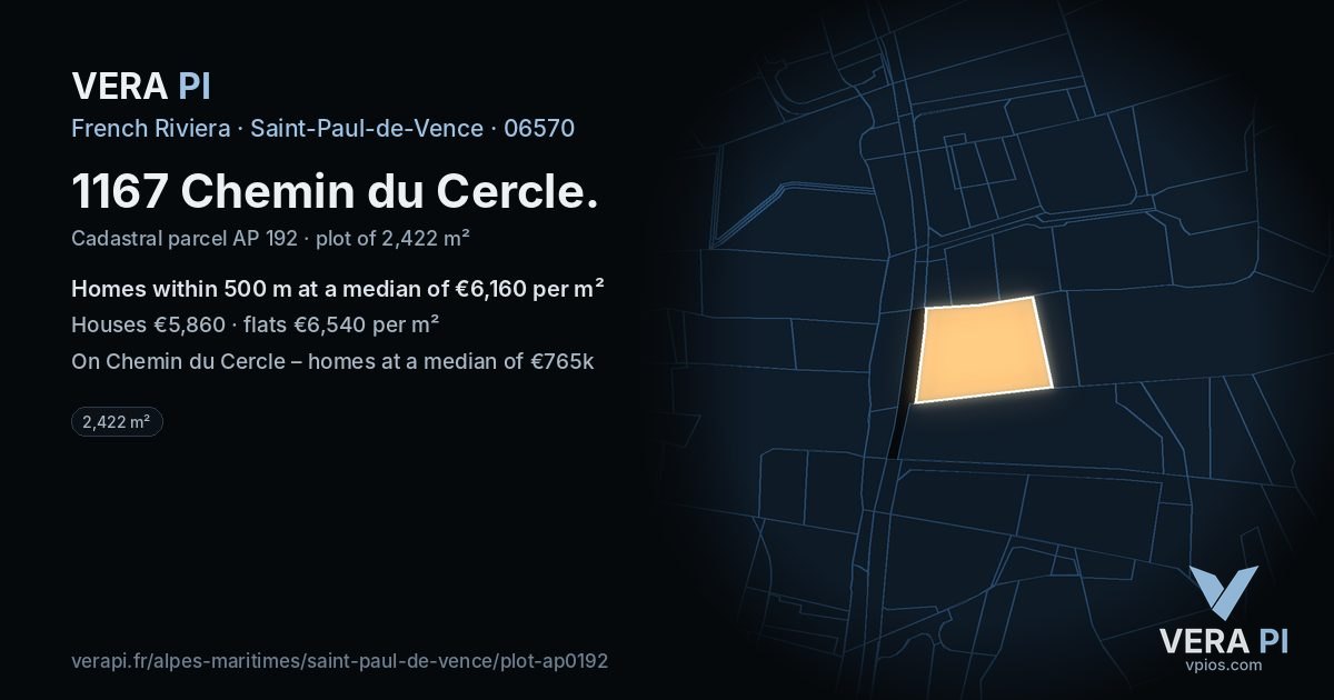 1167 Chemin du Cercle, Saint-Paul-de-Vence at night – the plot lit, the parcels around coloured by the prices near them