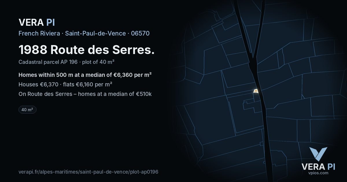 1988 Route des Serres, Saint-Paul-de-Vence at night – the plot lit, the parcels around coloured by the prices near them