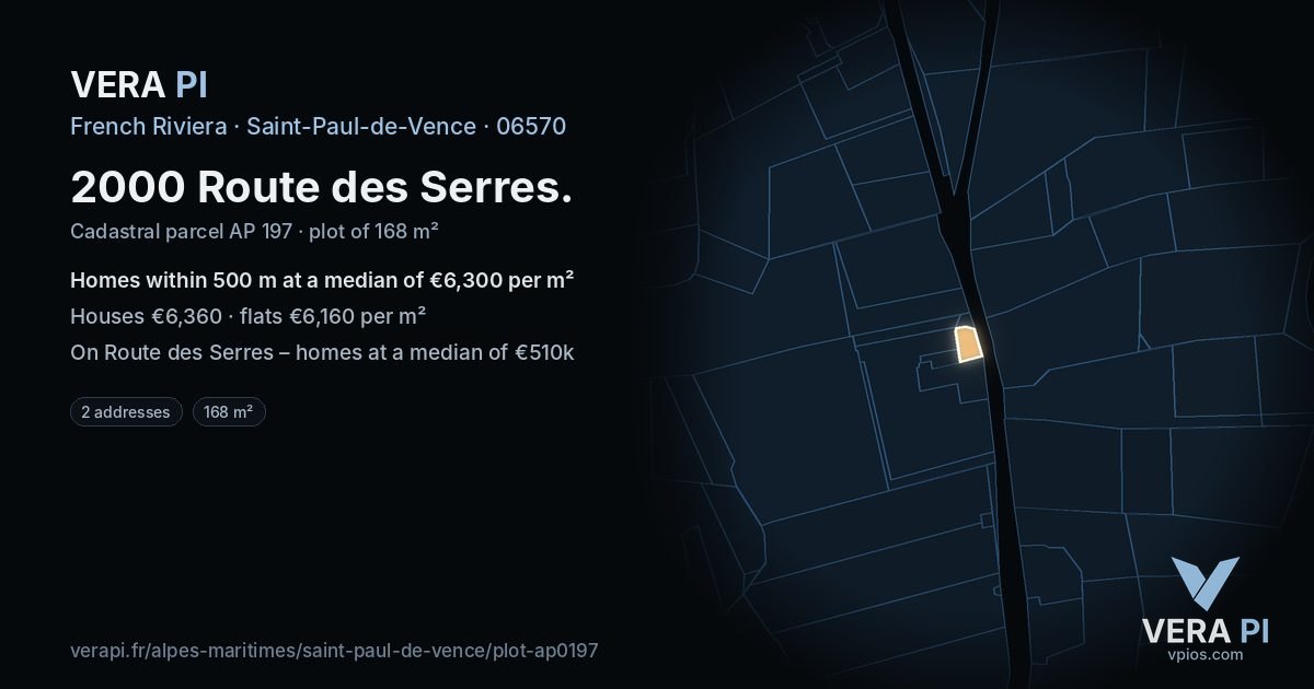 2000 Route des Serres, Saint-Paul-de-Vence at night – the plot lit, the parcels around coloured by the prices near them