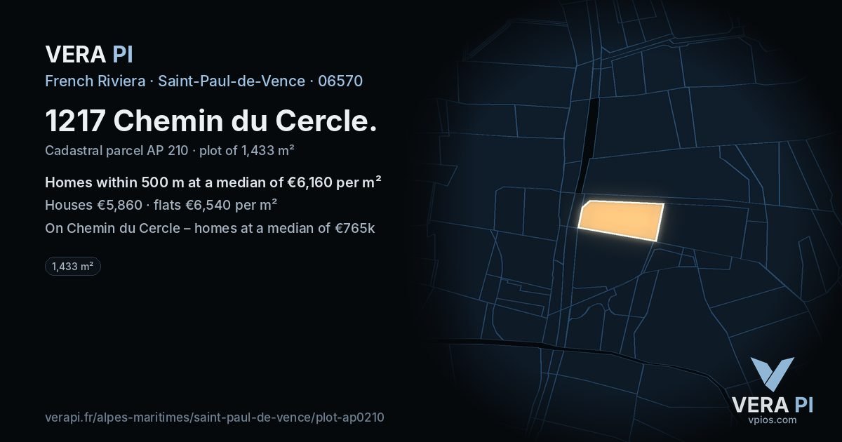 1217 Chemin du Cercle, Saint-Paul-de-Vence at night – the plot lit, the parcels around coloured by the prices near them