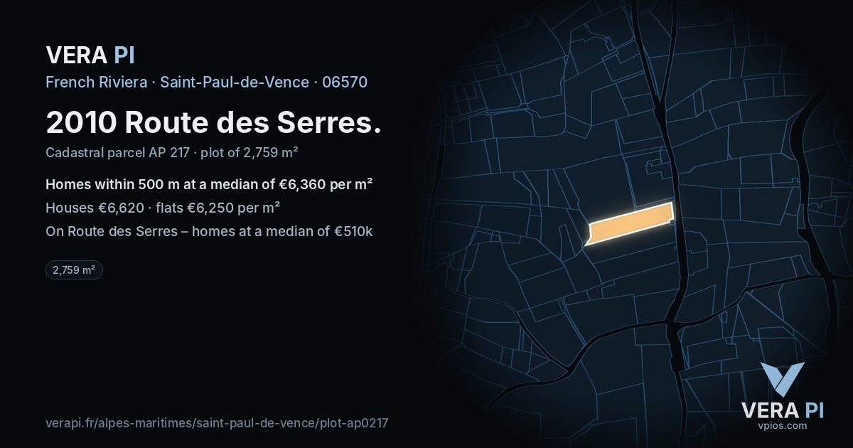 2010 Route des Serres, Saint-Paul-de-Vence at night – the plot lit, the parcels around coloured by the prices near them