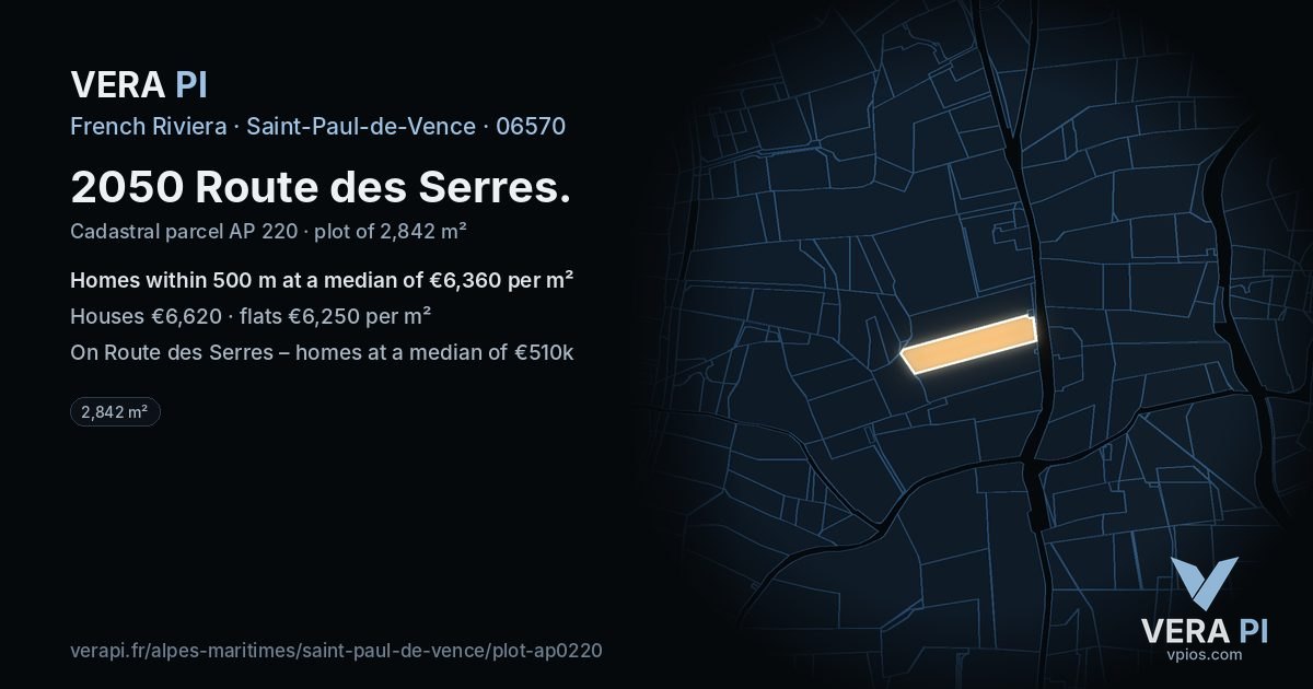 2050 Route des Serres, Saint-Paul-de-Vence at night – the plot lit, the parcels around coloured by the prices near them