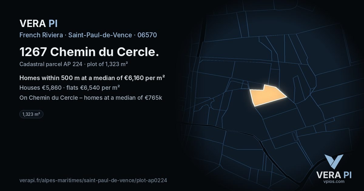 1267 Chemin du Cercle, Saint-Paul-de-Vence at night – the plot lit, the parcels around coloured by the prices near them