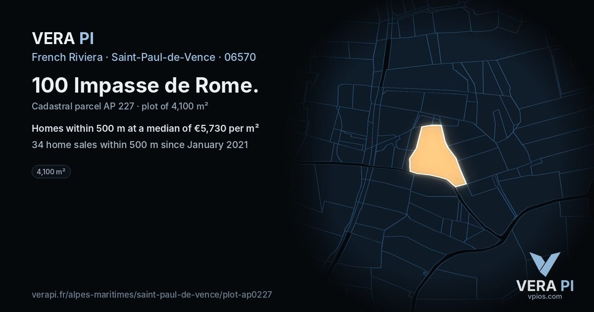 100 Impasse de Rome, Saint-Paul-de-Vence at night – the plot lit, the parcels around coloured by the prices near them