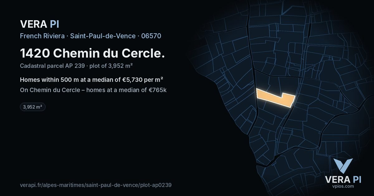 1420 Chemin du Cercle, Saint-Paul-de-Vence at night – the plot lit, the parcels around coloured by the prices near them