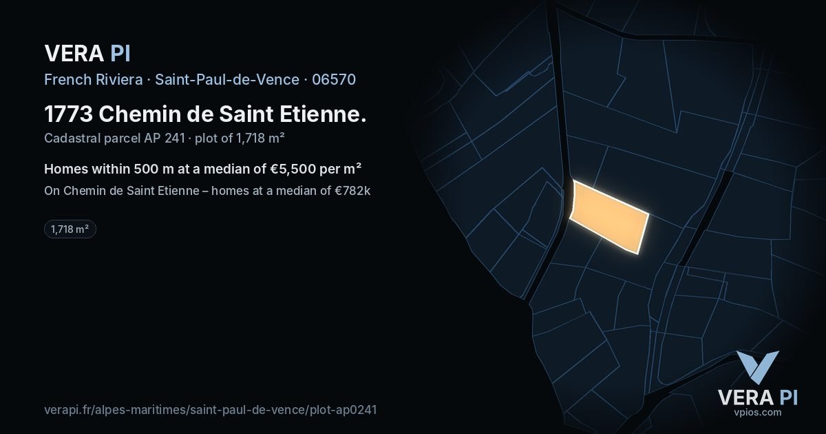 1773 Chemin de Saint Etienne, Saint-Paul-de-Vence at night – the plot lit, the parcels around coloured by the prices near them