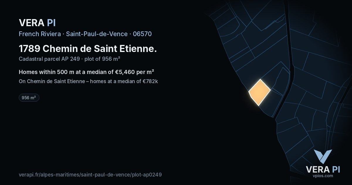 1789 Chemin de Saint Etienne, Saint-Paul-de-Vence at night – the plot lit, the parcels around coloured by the prices near them