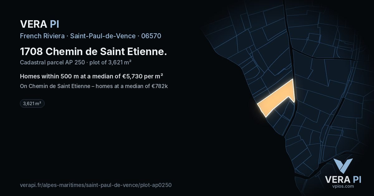 1708 Chemin de Saint Etienne, Saint-Paul-de-Vence at night – the plot lit, the parcels around coloured by the prices near them