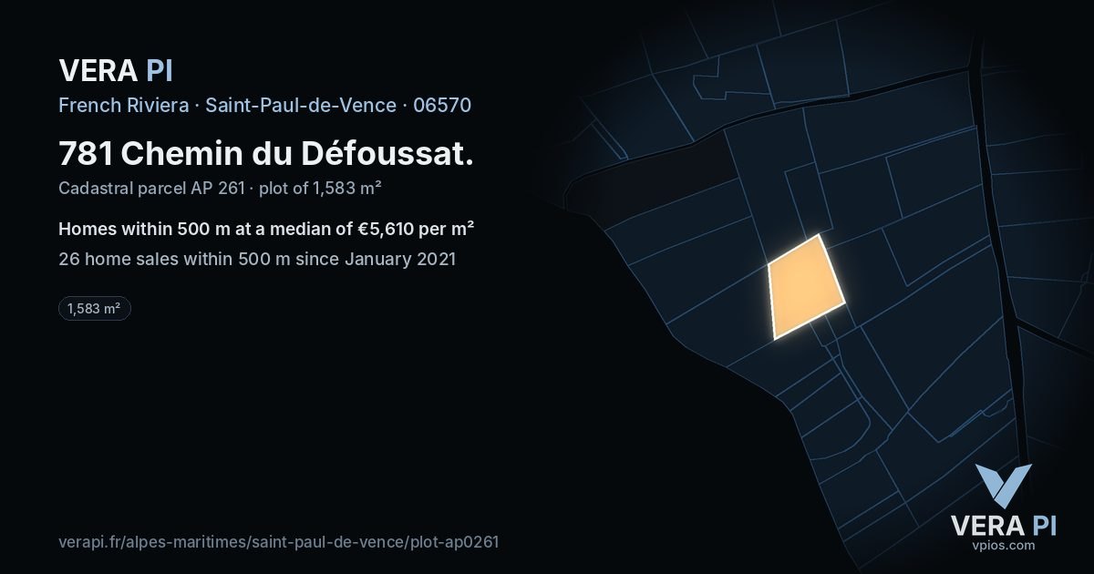 781 Chemin du Défoussat, Saint-Paul-de-Vence at night – the plot lit, the parcels around coloured by the prices near them