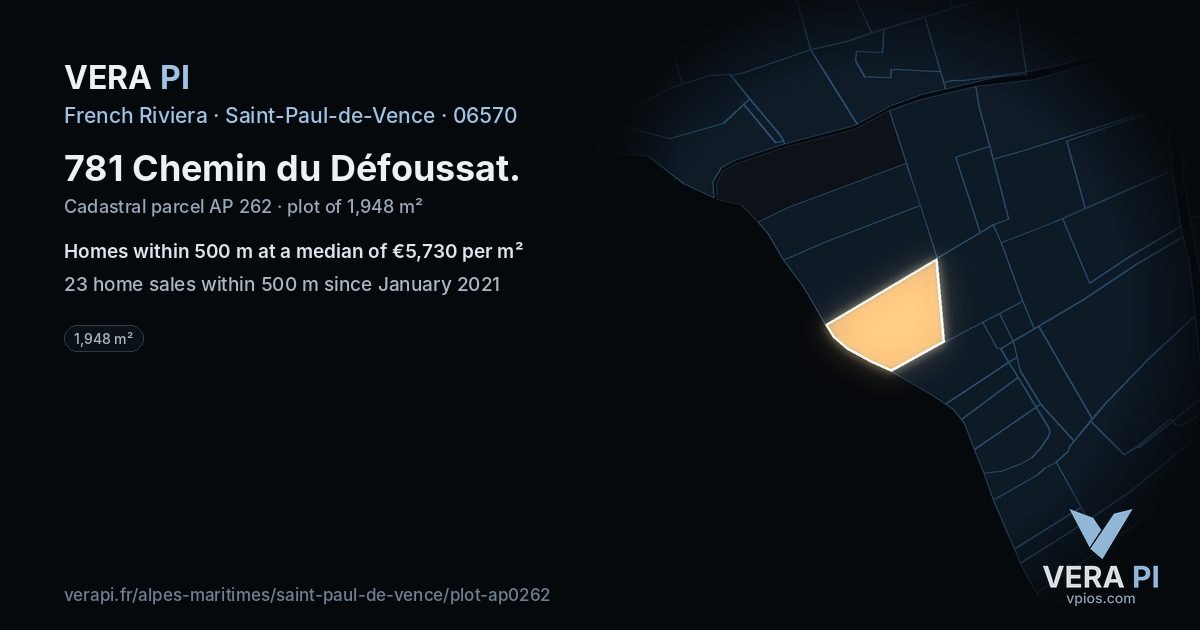 781 Chemin du Défoussat, Saint-Paul-de-Vence at night – the plot lit, the parcels around coloured by the prices near them