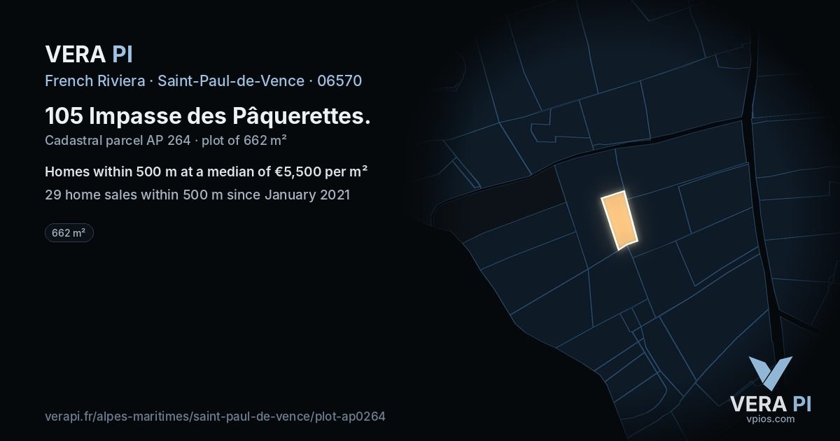 105 Impasse des Pâquerettes, Saint-Paul-de-Vence at night – the plot lit, the parcels around coloured by the prices near them