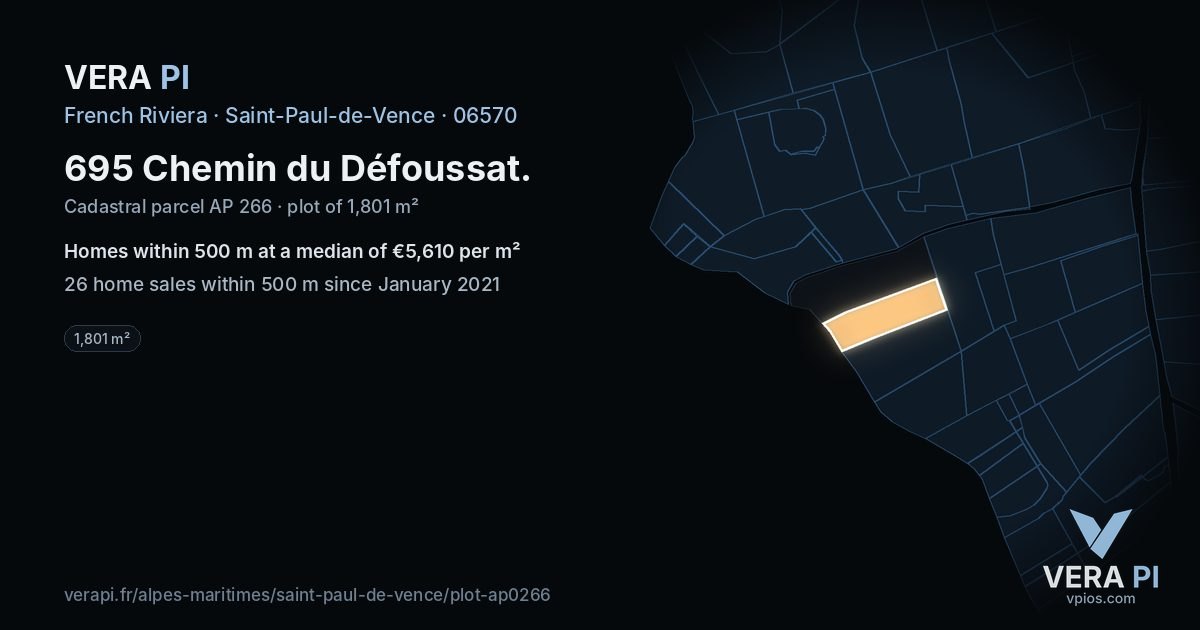695 Chemin du Défoussat, Saint-Paul-de-Vence at night – the plot lit, the parcels around coloured by the prices near them