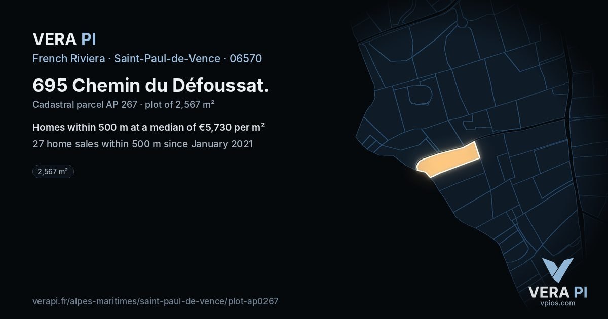 695 Chemin du Défoussat, Saint-Paul-de-Vence at night – the plot lit, the parcels around coloured by the prices near them