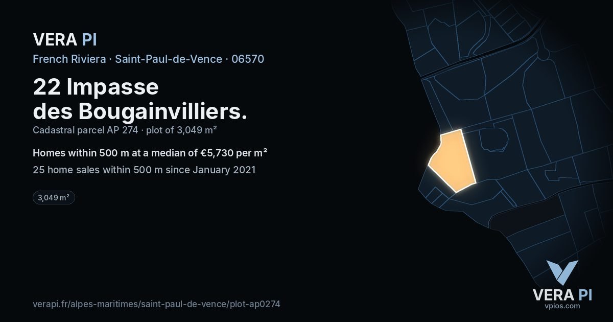 22 Impasse des Bougainvilliers, Saint-Paul-de-Vence at night – the plot lit, the parcels around coloured by the prices near them