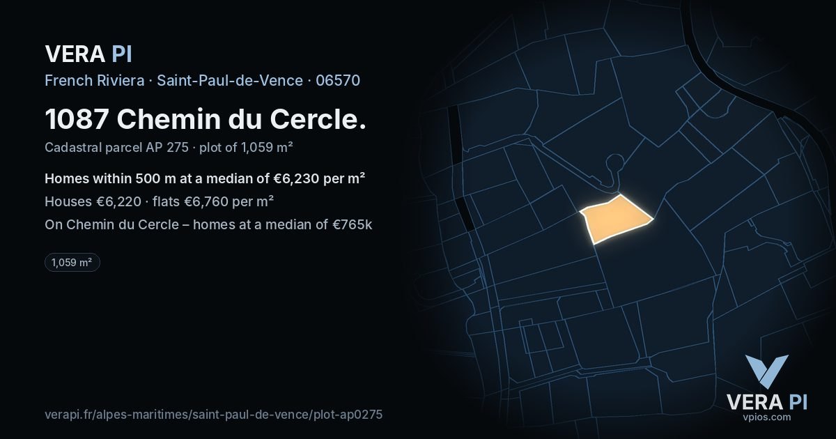 1087 Chemin du Cercle, Saint-Paul-de-Vence at night – the plot lit, the parcels around coloured by the prices near them