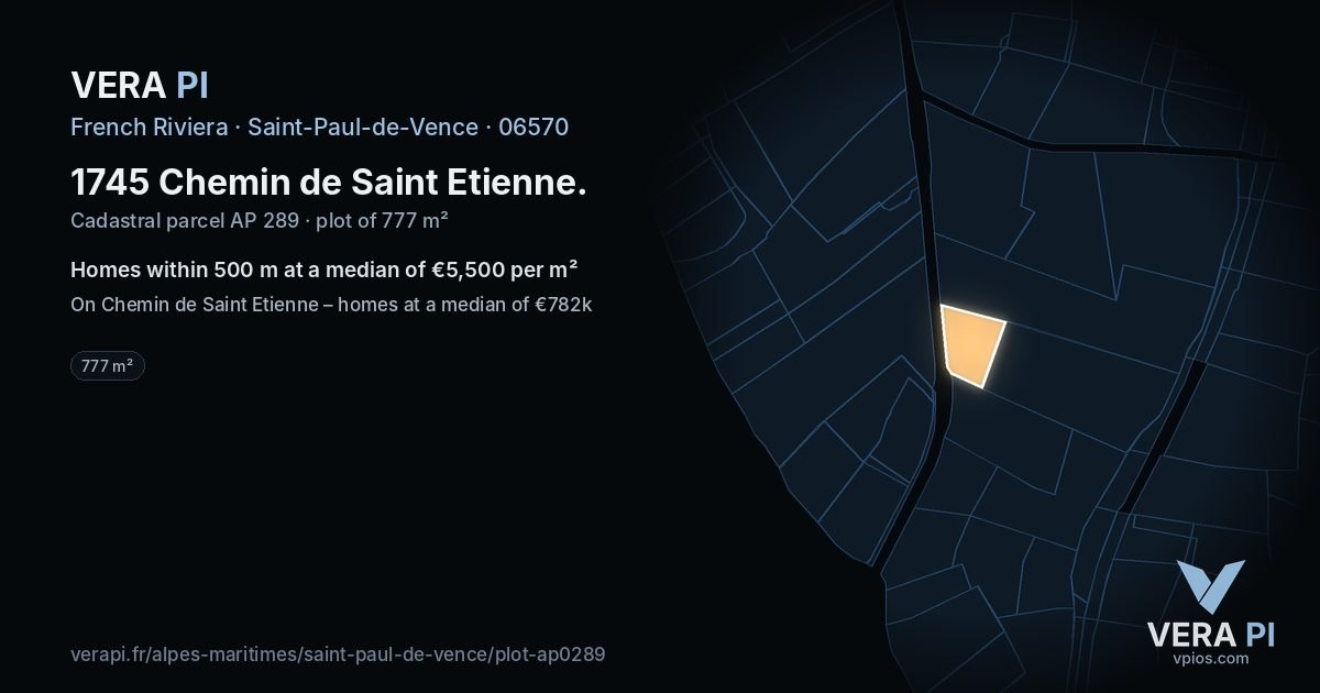 1745 Chemin de Saint Etienne, Saint-Paul-de-Vence at night – the plot lit, the parcels around coloured by the prices near them