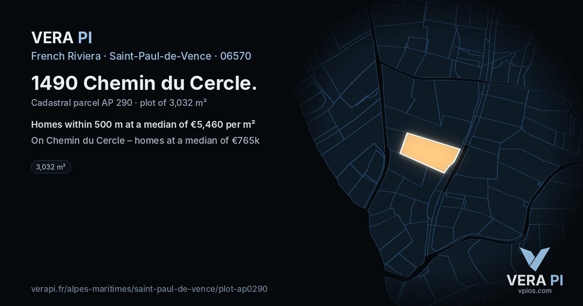 1490 Chemin du Cercle, Saint-Paul-de-Vence at night – the plot lit, the parcels around coloured by the prices near them