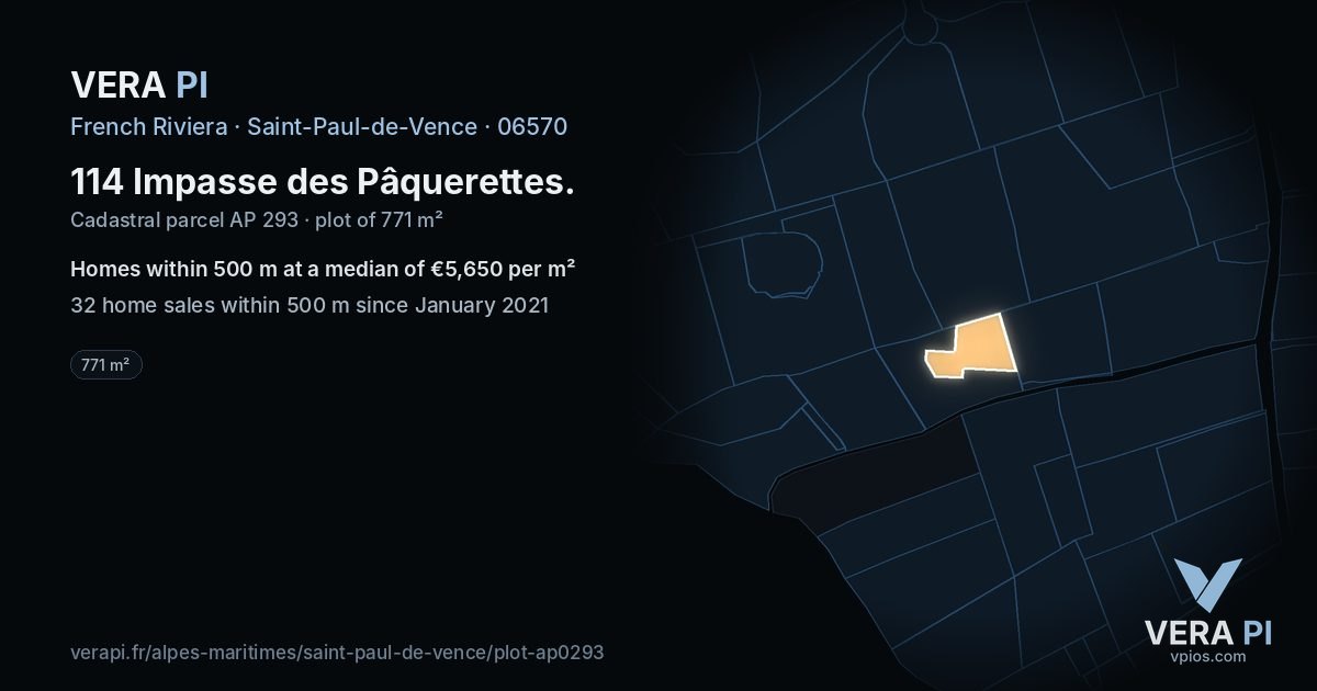 114 Impasse des Pâquerettes, Saint-Paul-de-Vence at night – the plot lit, the parcels around coloured by the prices near them