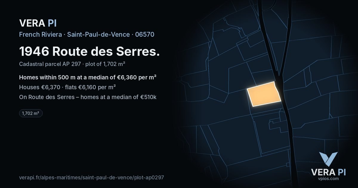 1946 Route des Serres, Saint-Paul-de-Vence at night – the plot lit, the parcels around coloured by the prices near them
