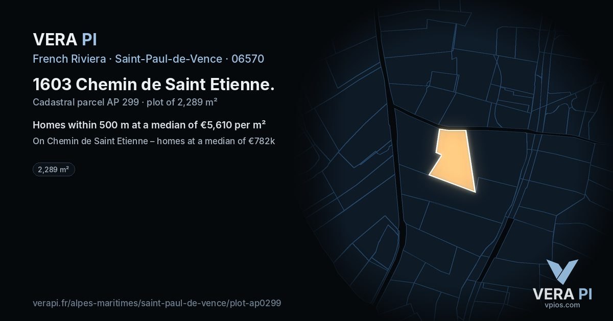 1603 Chemin de Saint Etienne, Saint-Paul-de-Vence at night – the plot lit, the parcels around coloured by the prices near them