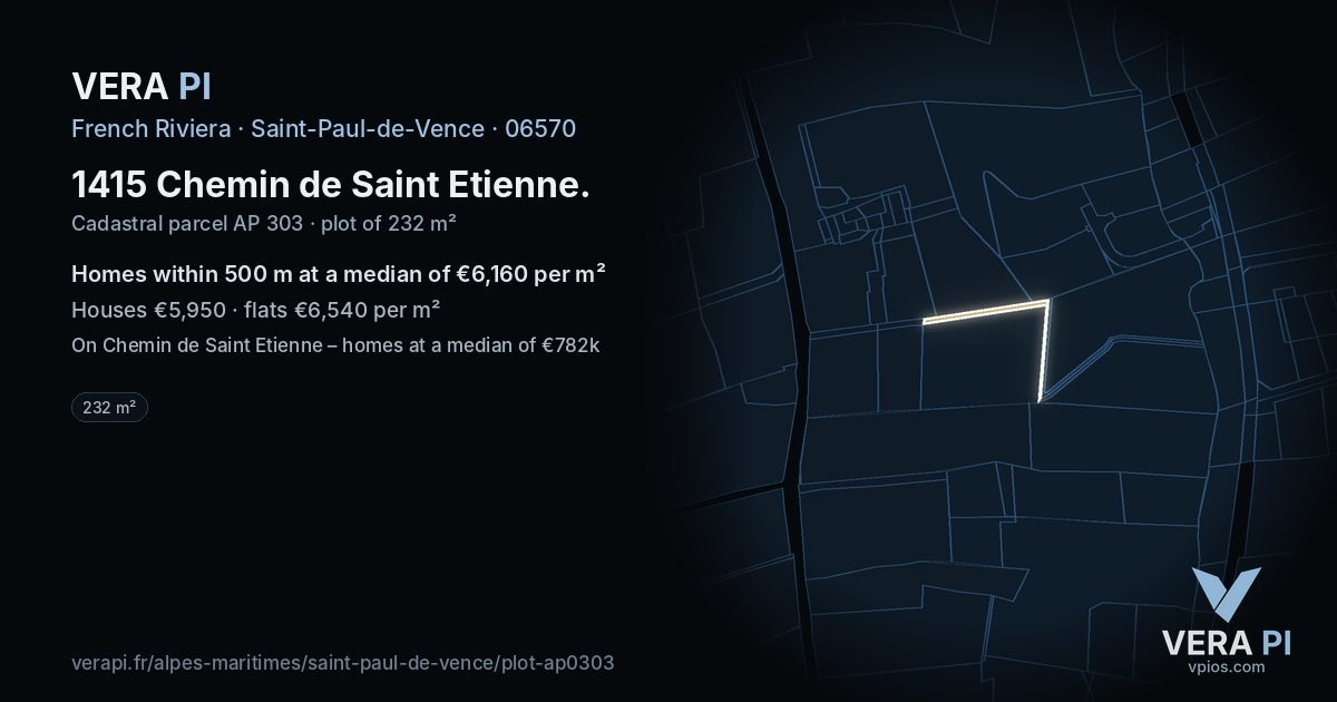 1415 Chemin de Saint Etienne, Saint-Paul-de-Vence at night – the plot lit, the parcels around coloured by the prices near them