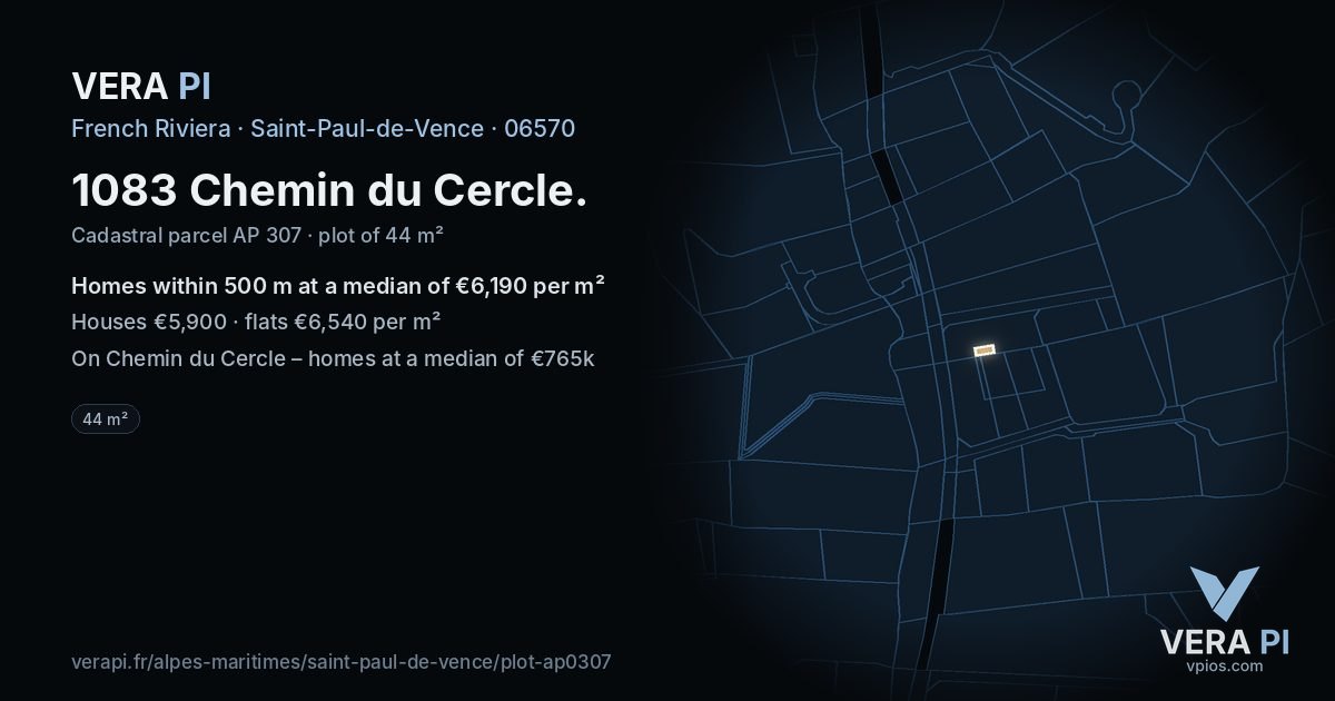 1083 Chemin du Cercle, Saint-Paul-de-Vence at night – the plot lit, the parcels around coloured by the prices near them