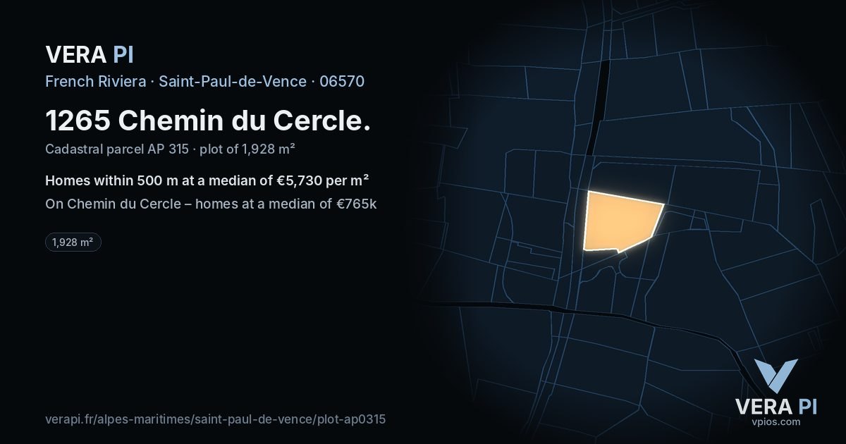 1265 Chemin du Cercle, Saint-Paul-de-Vence at night – the plot lit, the parcels around coloured by the prices near them
