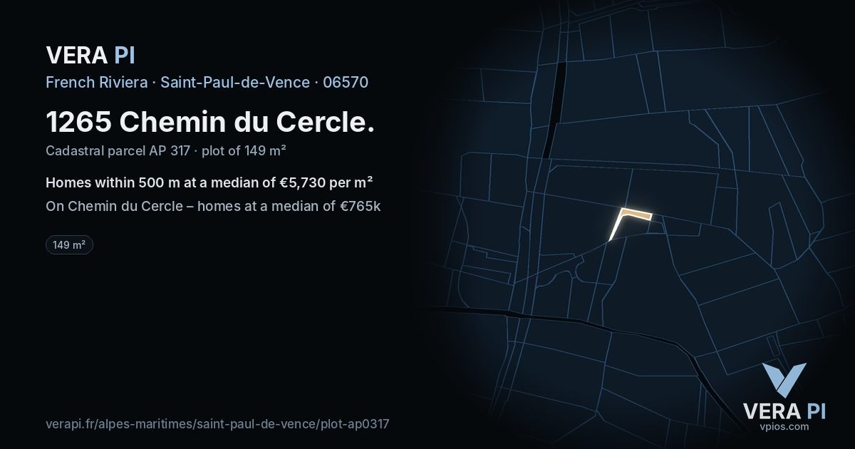 1265 Chemin du Cercle, Saint-Paul-de-Vence at night – the plot lit, the parcels around coloured by the prices near them