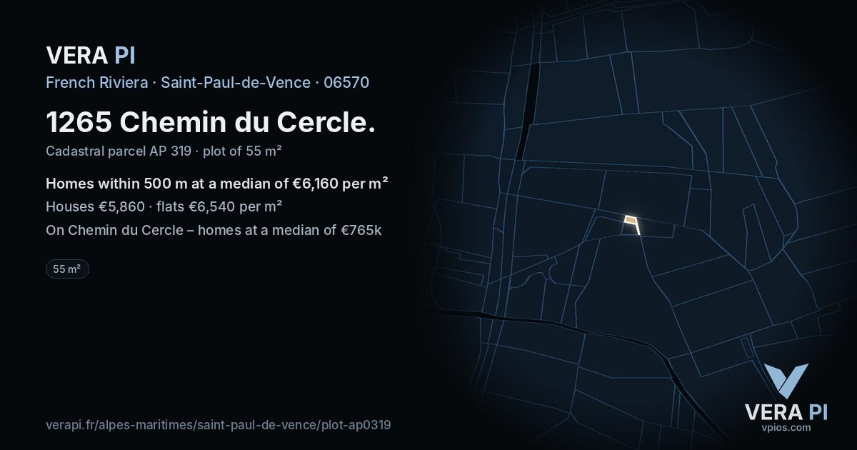 1265 Chemin du Cercle, Saint-Paul-de-Vence at night – the plot lit, the parcels around coloured by the prices near them