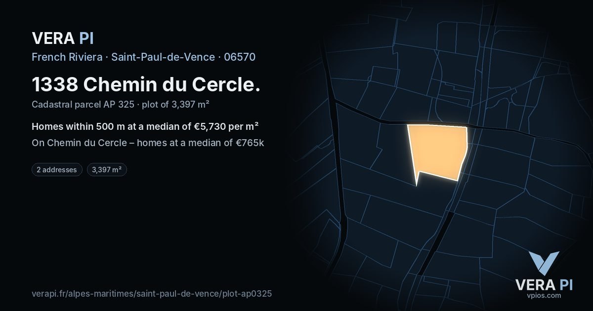 1338 Chemin du Cercle, Saint-Paul-de-Vence at night – the plot lit, the parcels around coloured by the prices near them