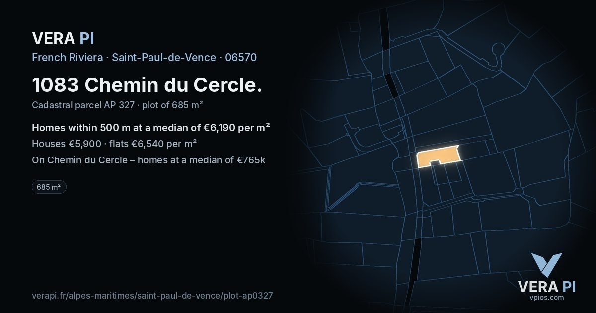 1083 Chemin du Cercle, Saint-Paul-de-Vence at night – the plot lit, the parcels around coloured by the prices near them