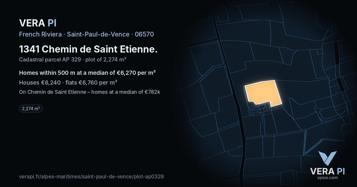 1341 Chemin de Saint Etienne, Saint-Paul-de-Vence at night – the plot lit, the parcels around coloured by the prices near them