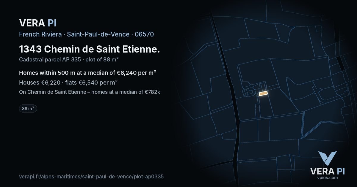 1343 Chemin de Saint Etienne, Saint-Paul-de-Vence at night – the plot lit, the parcels around coloured by the prices near them