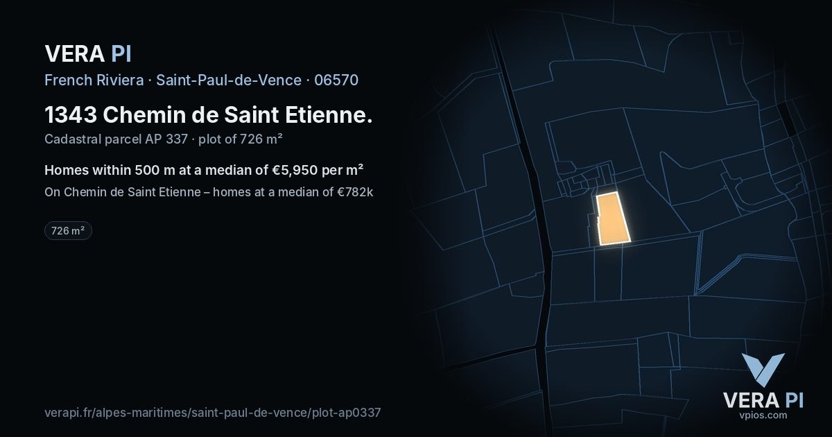 1343 Chemin de Saint Etienne, Saint-Paul-de-Vence at night – the plot lit, the parcels around coloured by the prices near them
