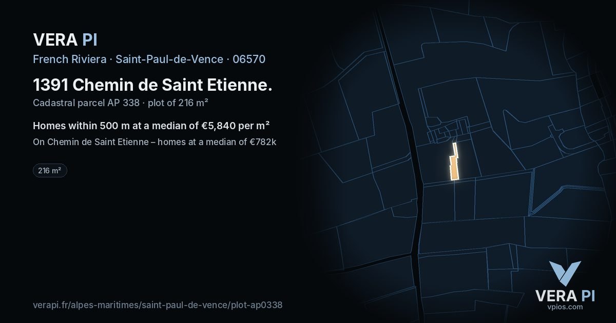 1391 Chemin de Saint Etienne, Saint-Paul-de-Vence at night – the plot lit, the parcels around coloured by the prices near them