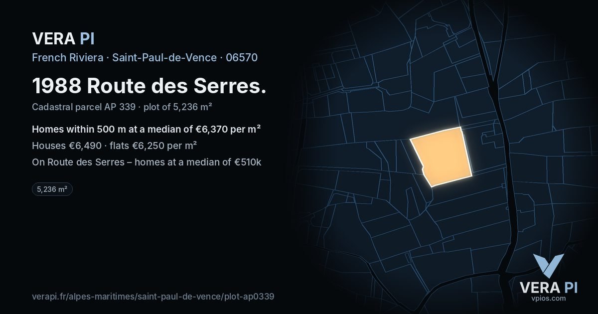 1988 Route des Serres, Saint-Paul-de-Vence at night – the plot lit, the parcels around coloured by the prices near them