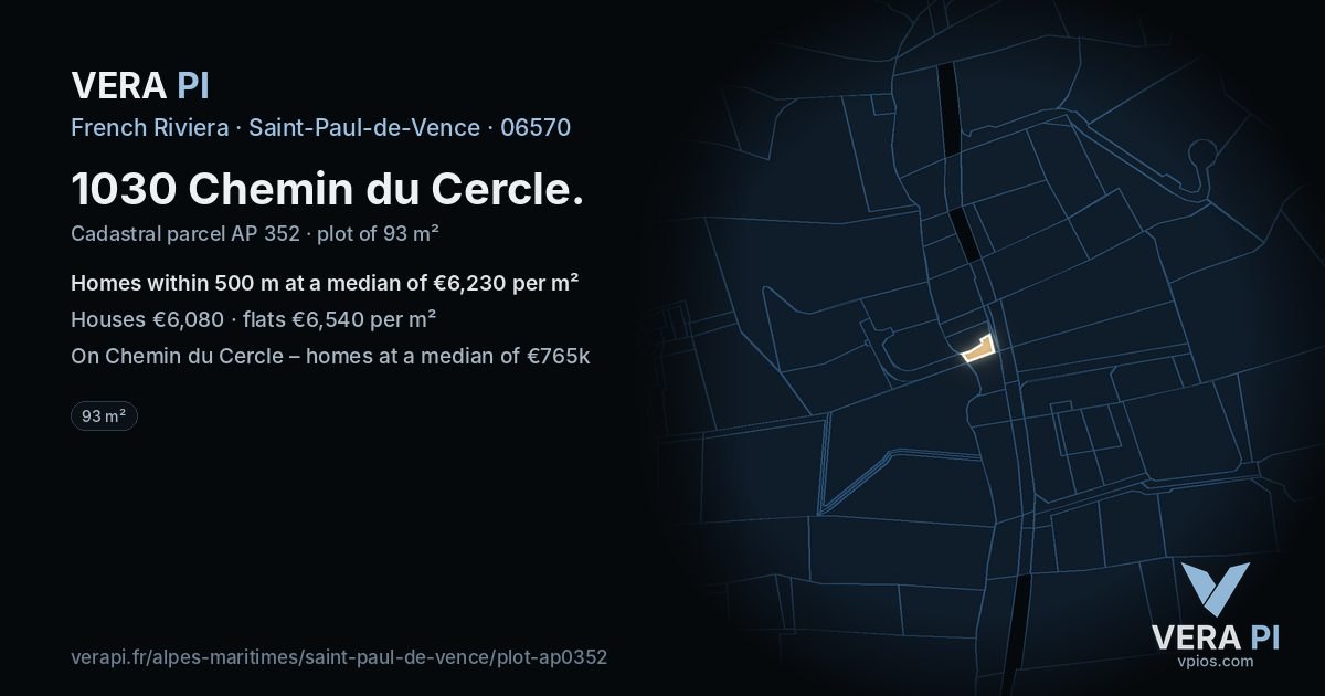1030 Chemin du Cercle, Saint-Paul-de-Vence at night – the plot lit, the parcels around coloured by the prices near them