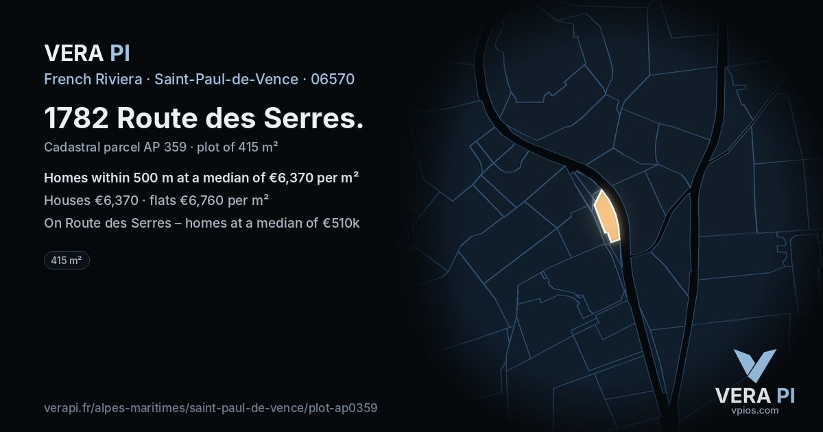 1782 Route des Serres, Saint-Paul-de-Vence at night – the plot lit, the parcels around coloured by the prices near them