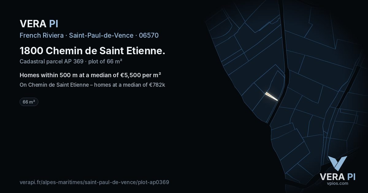1800 Chemin de Saint Etienne, Saint-Paul-de-Vence at night – the plot lit, the parcels around coloured by the prices near them