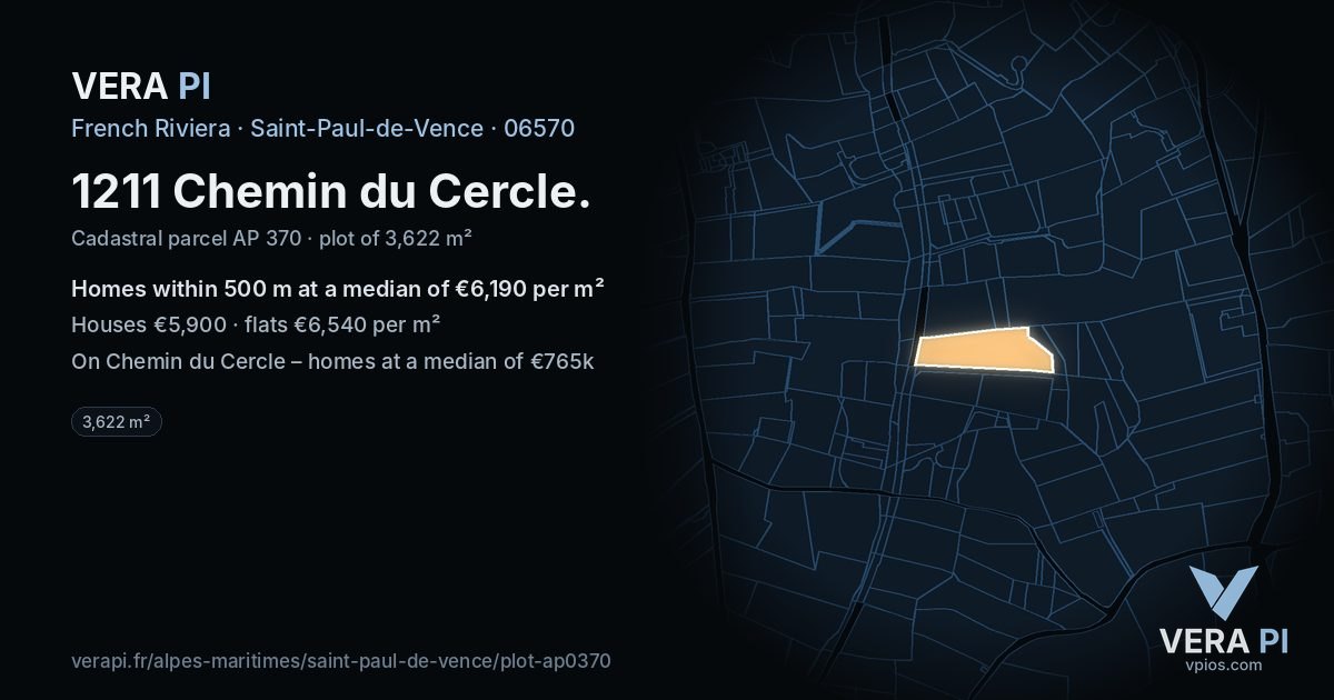 1211 Chemin du Cercle, Saint-Paul-de-Vence at night – the plot lit, the parcels around coloured by the prices near them