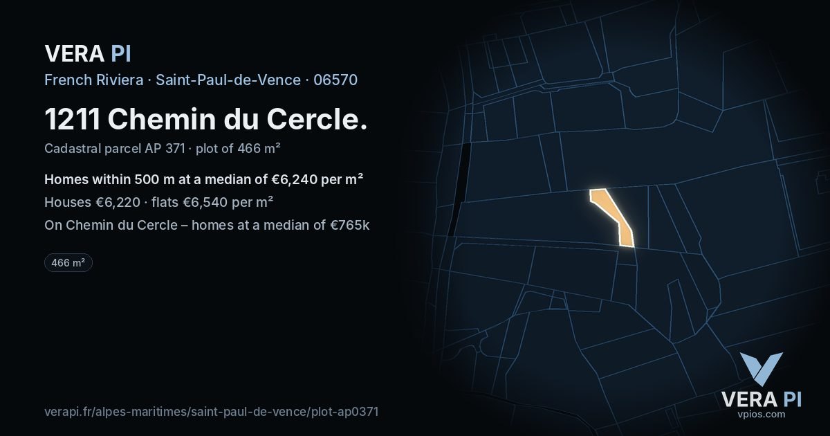1211 Chemin du Cercle, Saint-Paul-de-Vence at night – the plot lit, the parcels around coloured by the prices near them