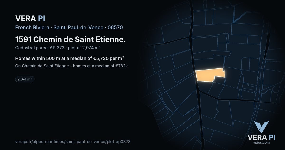 1591 Chemin de Saint Etienne, Saint-Paul-de-Vence at night – the plot lit, the parcels around coloured by the prices near them