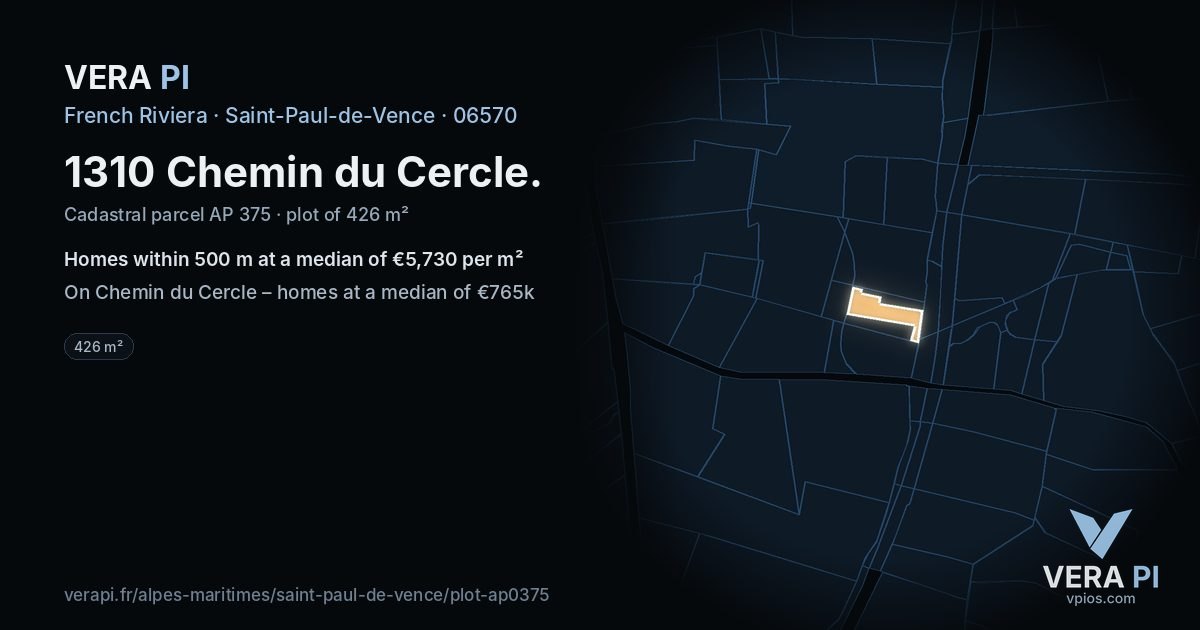1310 Chemin du Cercle, Saint-Paul-de-Vence at night – the plot lit, the parcels around coloured by the prices near them