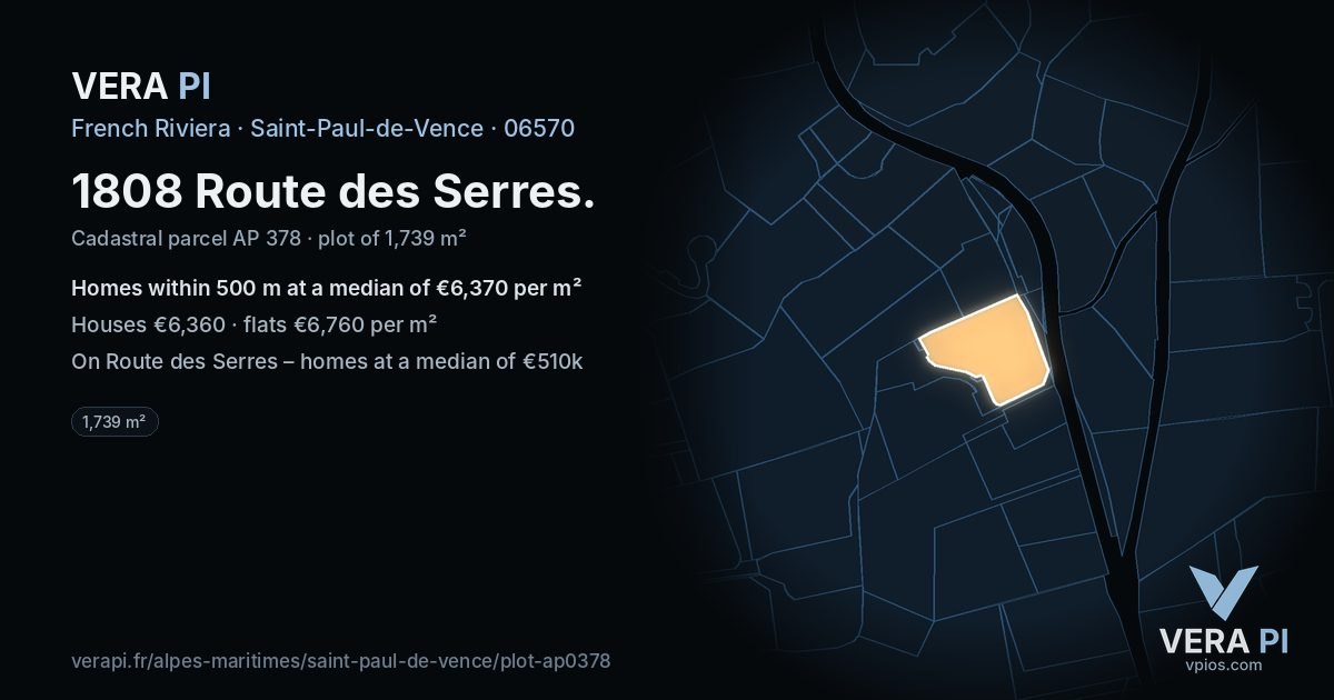 1808 Route des Serres, Saint-Paul-de-Vence at night – the plot lit, the parcels around coloured by the prices near them